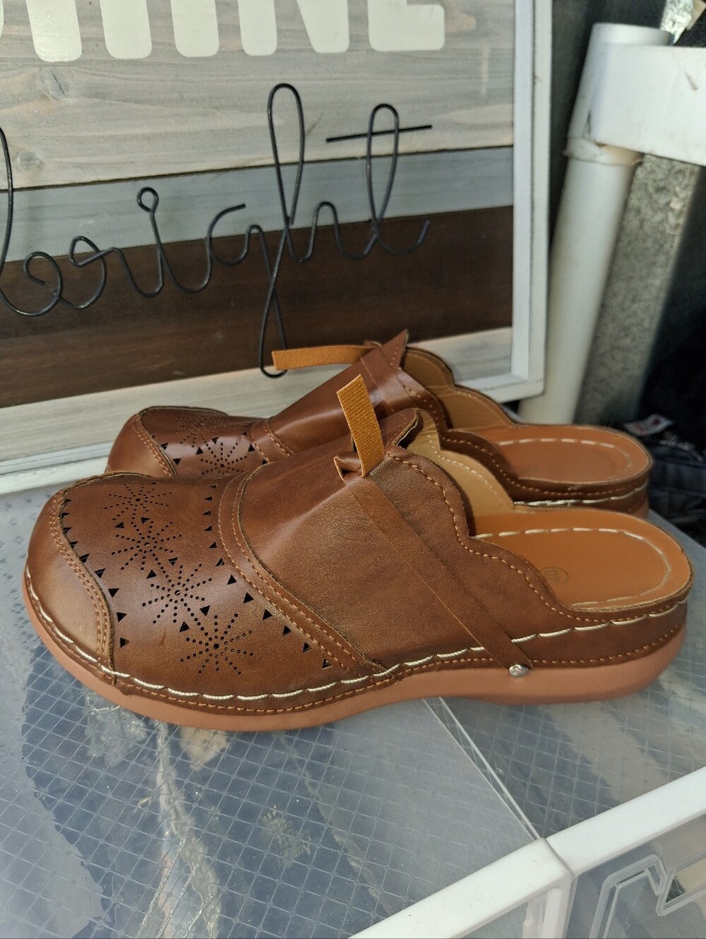 Comfort-fit Brown Leather Slip-On Clogs with Perforated Detail